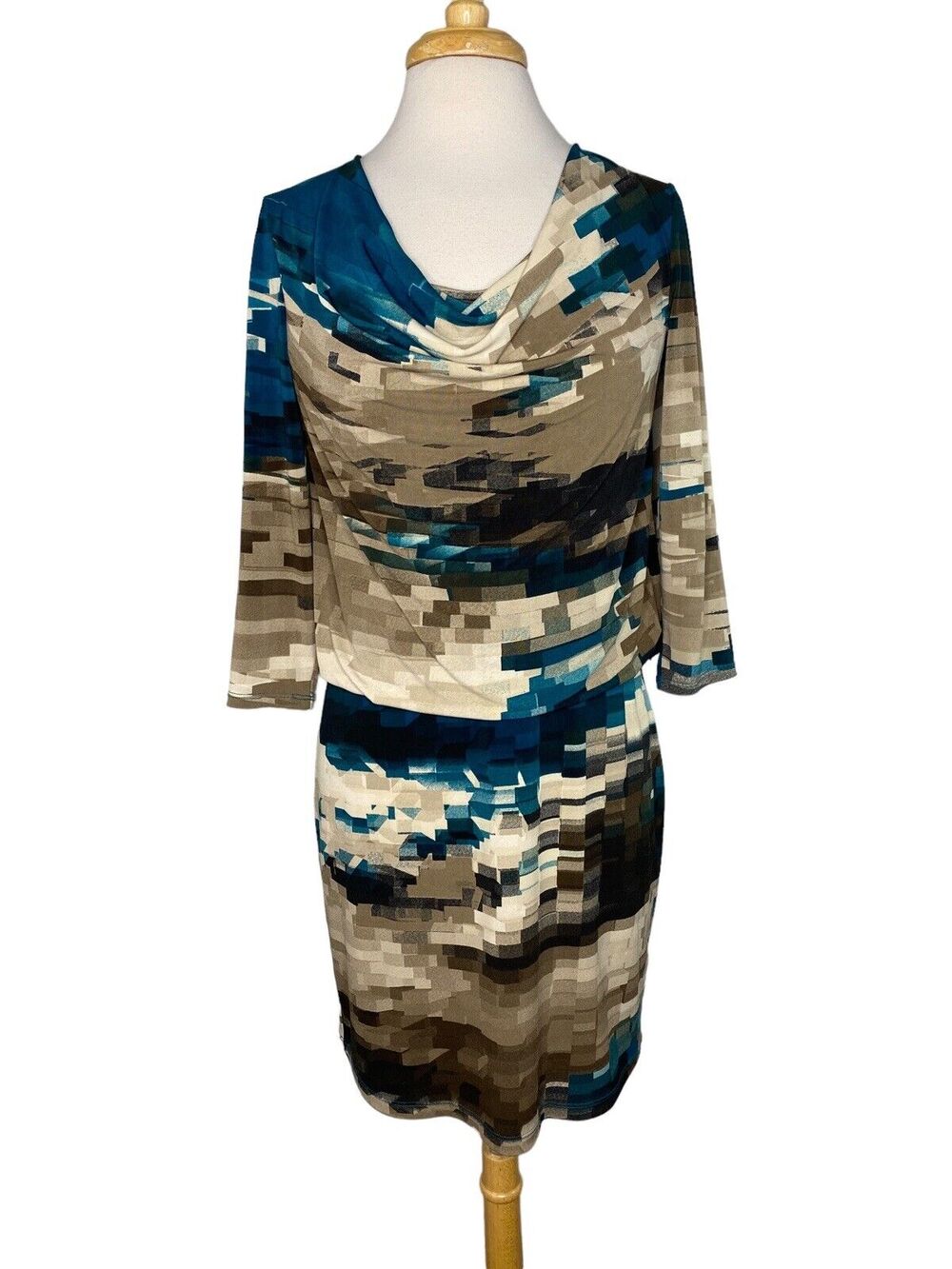 ELLEN TRACY Southwestern Water Tiled 3/4 Sleeve Jersey Dress Size 4 Green Tan